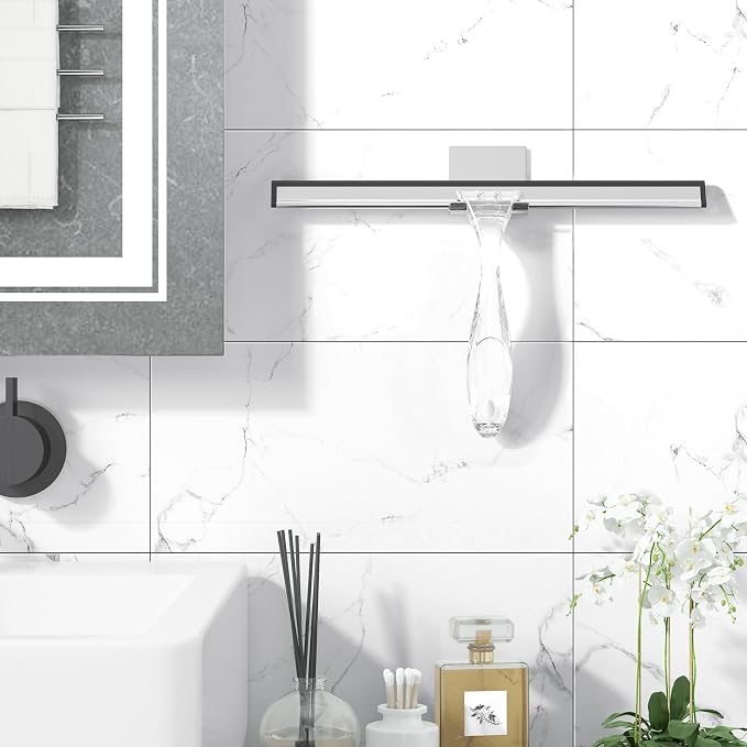 AmazerBath Squeegee for Shower Glass Door, Shower Squeegee for Glass Doors - All-Purpose Squeegee with Hook for Shower Doors, Windows, Mirrors, Tiles and Car Glass, 12 Inches - Clear