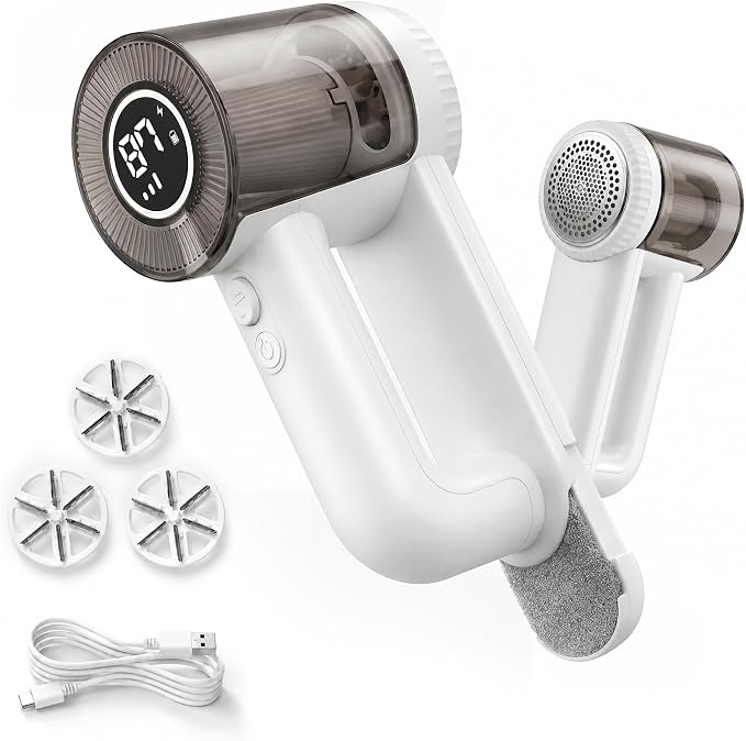 Fabric Shaver Rechargeable, 9500RPM Electric Lint Remover with 3× Stainless Steel 6-Blade Heads, 3-Speed Adjustable for Clothes, Furniture, Sofa, Blanket, LED Display, 2-in-1 Lint Brush Included