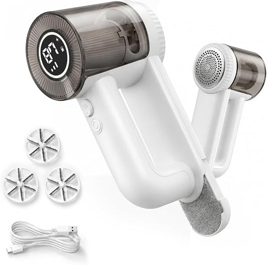 Fabric Shaver Rechargeable, 9500RPM Electric Lint Remover with 3× Stainless Steel 6-Blade Heads, 3-Speed Adjustable for Clothes, Furniture, Sofa, Blanket, LED Display, 2-in-1 Lint Brush Included