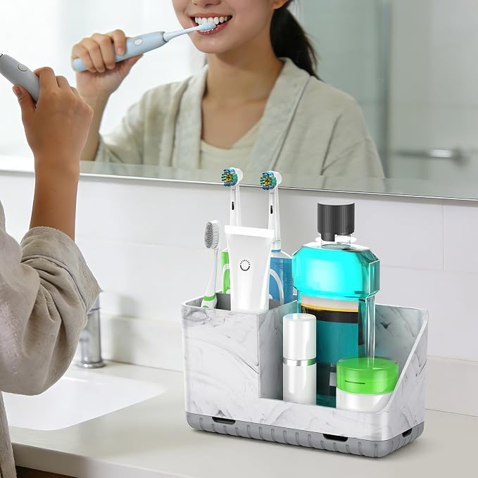 Toothbrush Holders for Bathroom Countertop, Kids Electric Toothbrush and Toothpaste Holder, Bathroom Accessories Vanity Organizer, Bathroom Organizers and Storage (Grey Marble Grain)