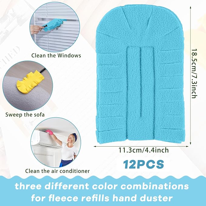 Zubebe 12 Pcs Duster Refill Reusable Fleece Duster Refills Feather Flat Dusters Multi Surface Washable Cleaning Pads Tools for Home, Blinds, Car, Pet, Furniture, Fans (Yellow,Grey,Turq)