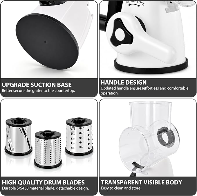 SUSTEAS Rotary Cheese Grater, Cheese Shredder with 3 Interchangeable Blades | Stainless Steel Kitchen Mandoline Vegetable Slicer , Stable Suction, Easy to Clean Grater Slicer for Vegetables, Nuts, White