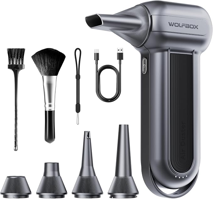 WOLFBOX MF100 Compressed Air Duster, 150000RPM Turbo Fan, 45 m/s Airflow | 3-Gear Adjustable Speed, Type-C Fast Charging, Lightweight 0.66 lb, 5 Nozzles & 2 Brushes, For Computer Keyboard Car Outdoor