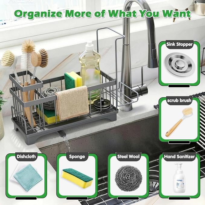 Sponge Holder for Kitchen Sink, Self-Draining Sink Caddy with Detachable Cloth & Dish Brush Rack, Metal Sponge Caddy Organizer for Kitchen Countertop Organizers and Storage Accessories, Gray