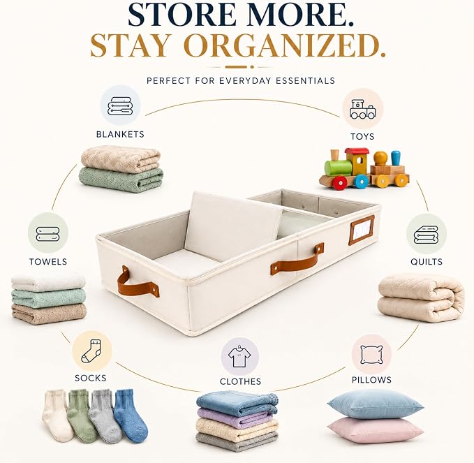 HOMELUX THEORY 2pc Under Bed Storage Containers, Bedroom Under the Bed Drawer Storage Organizer with Bins and Lids, Large Underbed Clothes Storage Box Ideal for Blanket, Fabric, & Shoes (Ivory)