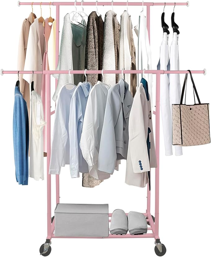 Fishat 48" W x 15" D x 67" H Portable Pink Double Rods Garment Clothes Rack | Metal Freestanding Hanging Organizer, Mobile Lockable Wheels, Portable Freestanding, for Storage, Drying, Bedroom