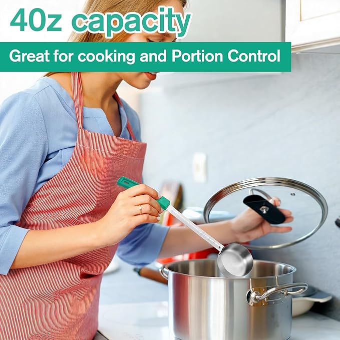 6 Pcs Portion Control Serving Spoons, Stainless Steel Measuring Ladle Scoops with Plastic Handle, 4 Oz Slotted and Unslotted Food Measuring Utensils for Weight Loss, Restaurants, Home