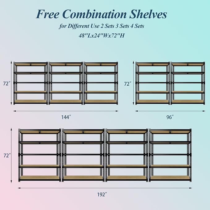 Heavy Duty Garage Storage Shelves, 5-Tier Adjustable Storage Shelving Unit | 3000 Lbs Capacity, 48" L x 24" W x 72"H Metal Shelving Racks for Kitchen Pantry Basement Bathroom Laundry