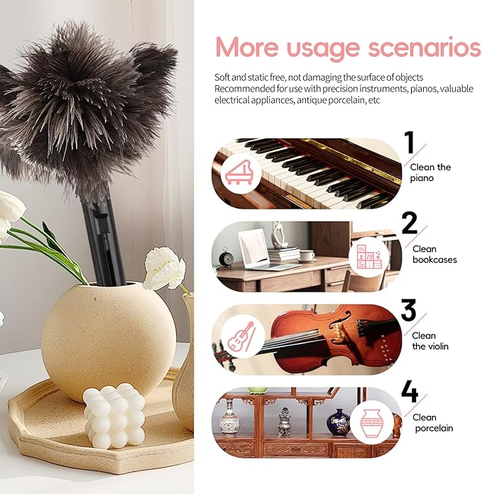 Retractable Feather Duster-Genuine Ostrich Feathers,Anti-Static,Reusable Eco-Friendly Handheld Cleaning for Keyboard,Home,Car,Office(10 to 15 Inches) 2 Pack