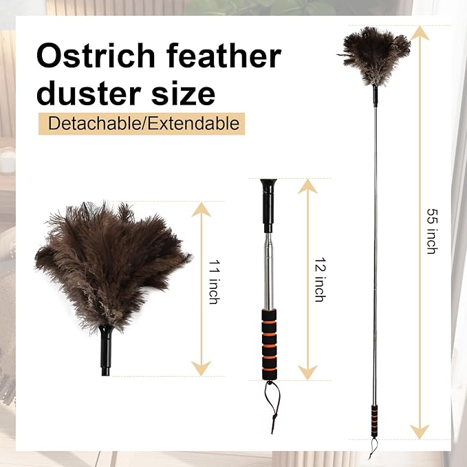 Extendable Ostrich Feather Duster 26-55 Inch, Natural Cleaning Duster with Sponge Grip and Stainless Steel Extension Pole Reusable for High Ceilings, Fans, Blinds, Furniture, Interior & Roof Dusting.