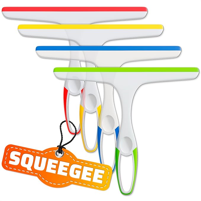 4Pcs 9.5” Hand Squeegee for Shower Glass - Durable Plastic Grip, Random Colors, Flexible Silicone Blade, Easy Hanging Hook, Lightweight Ergonomic Shower Squeegee for Glass Doors, Windows, and Tiles