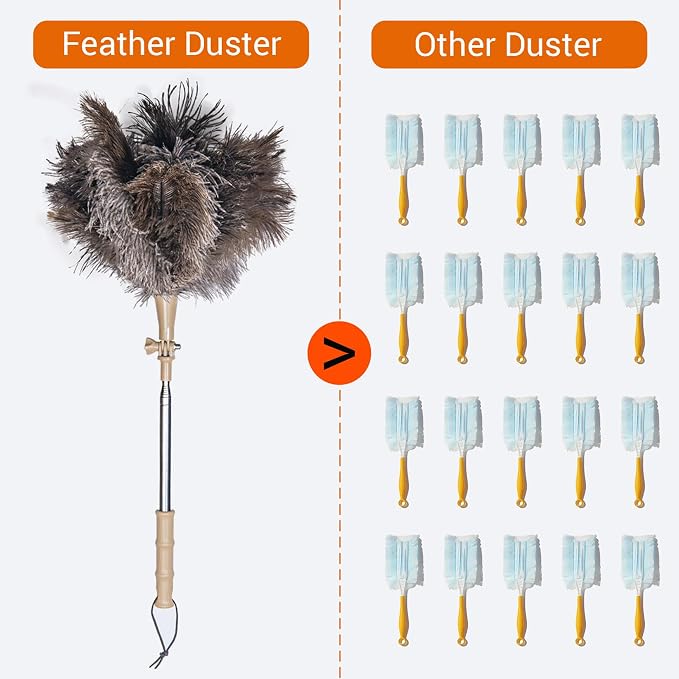 Extendable Ostrich Feather Duster, Natural Ostrich Feathers Long Handle Duster for Cleaning, 47” Soft & Fluffy Feather Duster for High Ceilings, Fans, Walls, Furniture, Home Dusting(A11-Ivory)