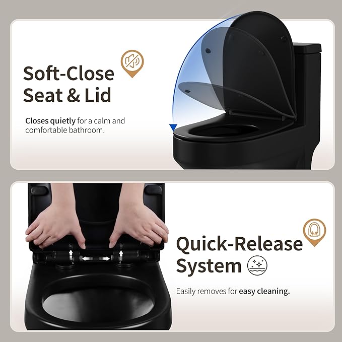 DeerValley Compact One Piece Toilet Standard Seat Height for Small Bathroom Dual Flush 1.1/1.6 GPF Powerful and Quiet 12'' Rough-In Skirted Toilet DV-1F52812B