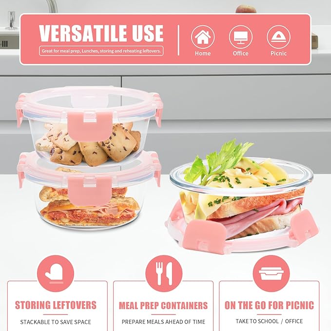 GULFLIN 12pack, 13oz Small Glass Food Storage Containers with Lids, Pink | Round Glass Containers Perfect Size for Meals and Leftovers. Particularly for Single Servings, Easy to Clean, Dishwasher Safe