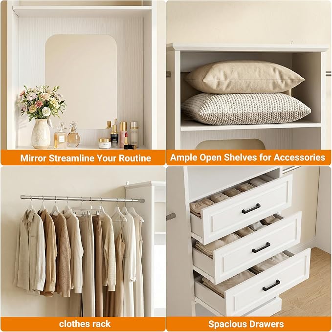 Unikito Closet System, 4FT - 9FT Closet Organizer with Mirror, Luxury Walk in Closet Insert with Drawers and 4 Hanging Rods, Sturdy Wood Wardrobe Closet Garment Rack with 25” Tower, White