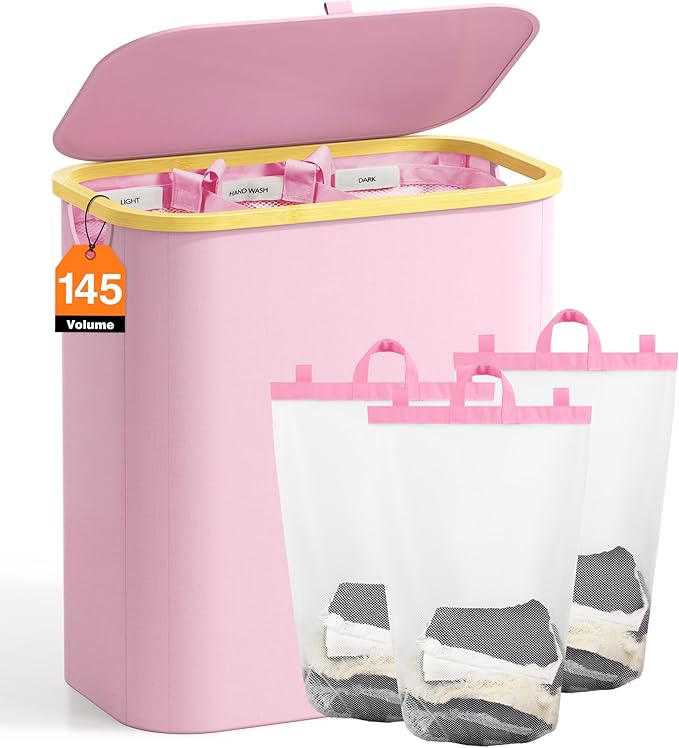 Hampers for Laundry Basket with Lid, 145L Large Laundry Hamper 3 Section | Dirty Clothes Hamper Separator with 3 Removable Bags & 5 Labels, Divided Laundry Organizer for Bedroom, Laundry Room, Pink