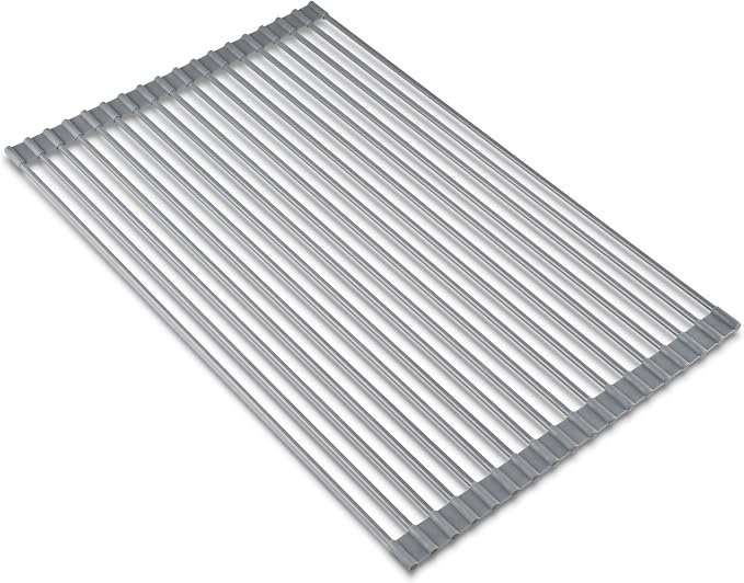edge Roll Up Dish Drainer, Over The Sink Multi-Purpose Foldable Drying Rack, Silicone Coated Gray, Medium- 17" x 13.1"