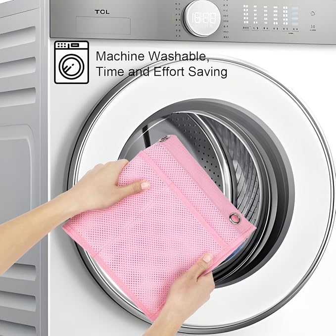 GYEUKHAM Mesh Shower Caddy Hanging Organizer with 7 Pockets and Hooks, Portable Quick Dry Bathroom Storage for College Dorm, Cruise, RV, Gym, Travel Toiletry Bag, Pink, 1 Pack