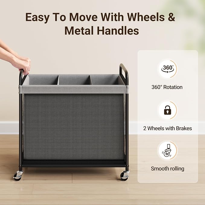 ELYKEN Laundry Hamper 3 Section, 120L Rolling Laundry Sorter with Wheels | Removable Washable Liner Bags, Sturdy Steel Frame and Metal Handle, 3 Compartment Clothes Organizer for Laundry Sorting