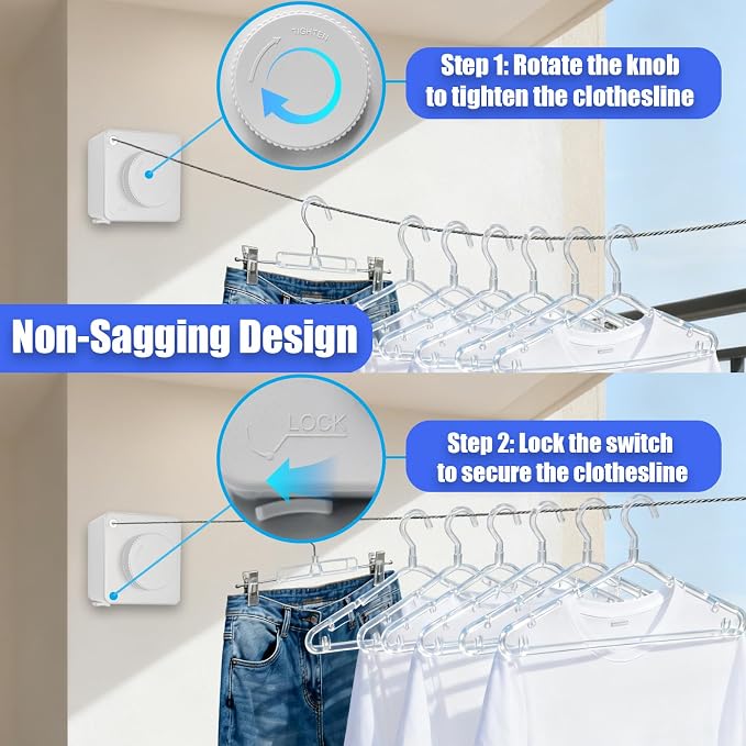 Retractable Clothesline Indoor Outdoor 17.4Ft Non-Sag Drying Rack(1, White) | Stainless Steel Heavy Duty Laundry Washing Line with Wall Mounted, Space-Saving Clothing Drying Rack with Telescoping Hanger