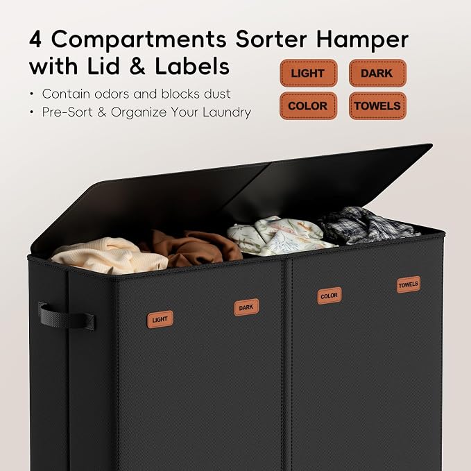 185L Laundry Hamper 4 Section with Lid | 4 Removable Bags + 1 Extra Large Bag, Switchable 3/4 Compartment, Laundry Basket Organizer for Bedroom, Laundry Room