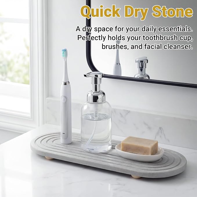 2PCs Instant Dry Stone Sink Tray, 11.8x3.9 Water Absorbing Diatomite Stone Tray for Sink with Wooden Feet, Sink Caddy Stone, Kitchen Sink Organizer (Light Grey)