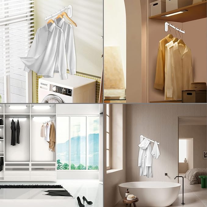 Sumnacon 2 PCS Stainless Steel Clothes Hanger Rack - Wall Mount Clothing Rack with Swing Arm, Sturdy Clothes Hanger Racks for Laundry Room Bedrooms Clothing Drying Hanger with 5 Hooks, White
