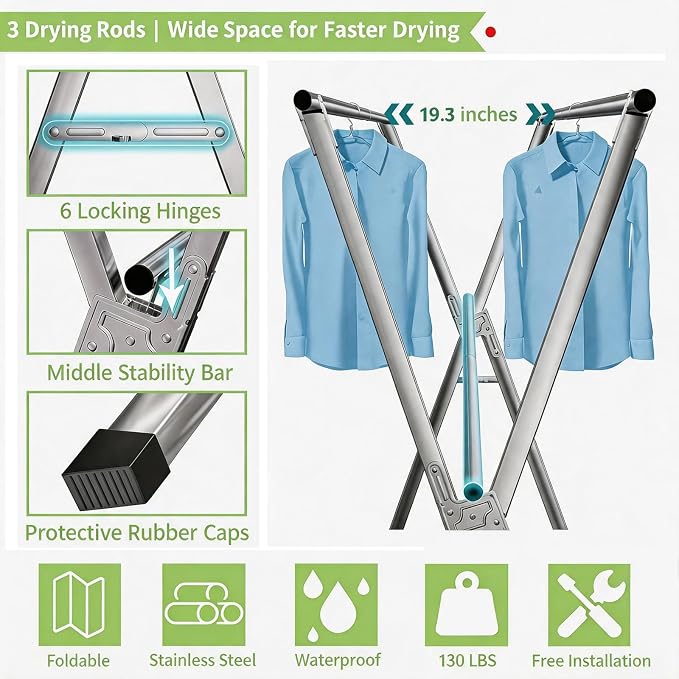 Foldable Clothes Drying Rack, Stainless Steel Laundry Drying Rack | Adjustable 56.3"-95", 20 windproof hooks, heavy-duty rustproof, folds compactly, indoor/outdoor use