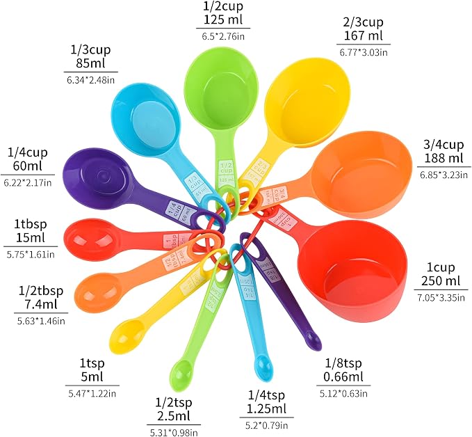 Smithcraf Measuring Cups and Spoons Set, 12 Pieces Cute Metric & US Plastic Measuring Cups and Spoons, Dry & Liquid Measure Cups and Spoons for Baking & Kitchen Random Color