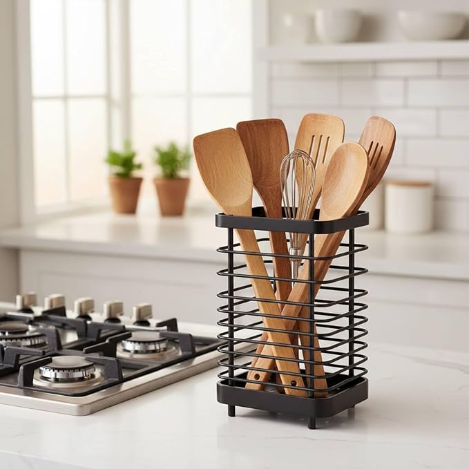Kitchen Utensil Drying Rack, 18/8 Stainless Steel Utensil Holder Chopsticks Spoon Fork Knife Drainer Basket Flatware Storage Drainer, Dish Drainer for Kitchen Counter (Black)