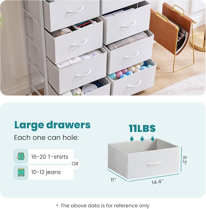 OLIXIS Dresser for Bedroom, 8 Storage Drawers, Tall Fabric Tower Organizer | Large Dresser for Closet, Chest of Drawers with Metal Frame Wooden Top for Nursery, Living Room, Entryway, White