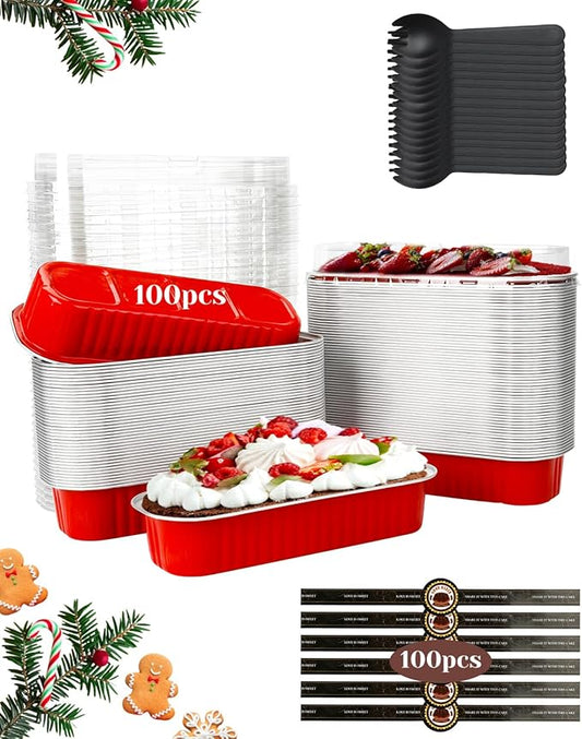 YQER 100 Pack Red Mini Cake Pans with Lids and Spoons, 6.8 oz Disposable Aluminum Foil Mini Loaf Pans with Stickers, Individual Dessert Cake Tins Containers for Valentine Gifts, Holidays, Parties