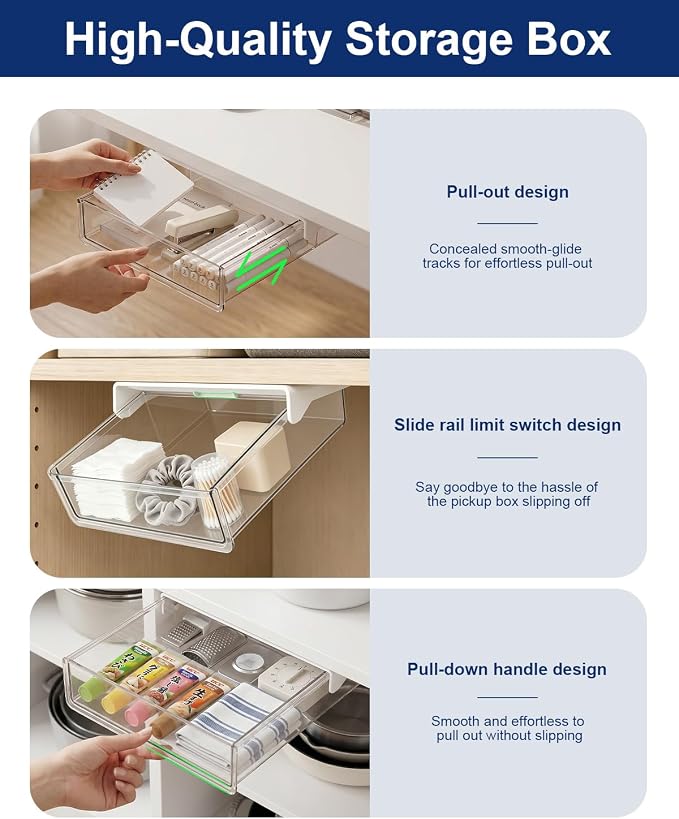 Clear Storage Drawer – 25° Tilted Front, Self-Adhesive Organizer for Bathroom, Kitchen & Office (Small)