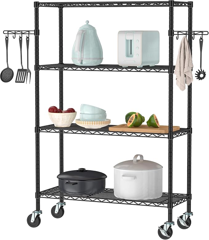 Folews 4-Tier Storage Shelving Unit with Wheels, Metal Rolling Storage Shelves NSF Adjustable Layer Steel Rack Shelf, Wire Shelving Storage for Kitchen Garage Pantry Office, Black (14D x 36W x 57H)