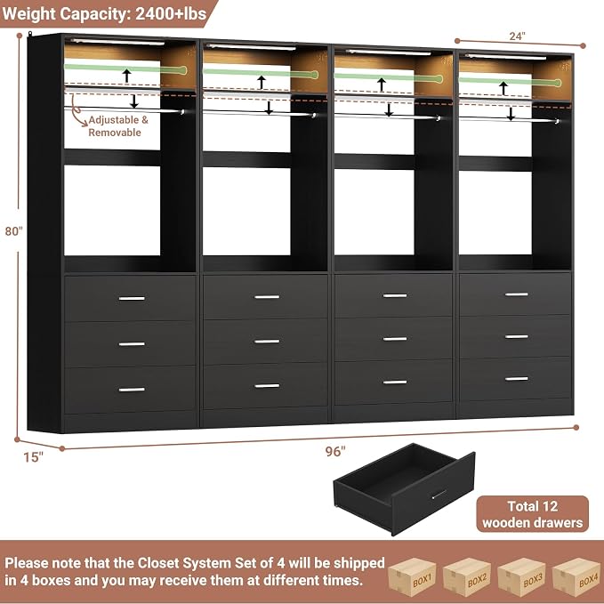 Besiost 8FT Closet System with 4 Motion Sensor LED Lights, 96" Closet Systems with 12 Drawers, Closet Organizer System with 4 Hanging Rods & 4 Shelves, Heavy Duty 96 Inch Walk-in Closet, Black