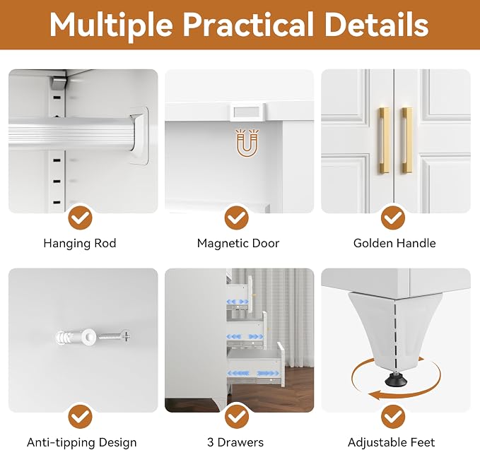 Polup Metal Armoire Wardrobe Closet with Three Drawers, 71“ Tall Large Wardrobe Cabinet with Hanging Rod, Freestanding Wardrobe Cabinet with Doors for Bedroom, White, Assemble Required