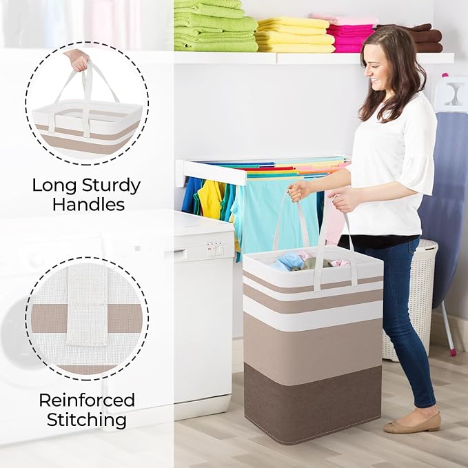 StorageRight Laundry Basket Hamper, 75L Collapsible Clothes Storage, Khaki | Freestanding Clothes Hampers, Foldable design, with Easy Carry Handles, For Laundry, Bedroom, Dorm, Clothing, Towels, Toys