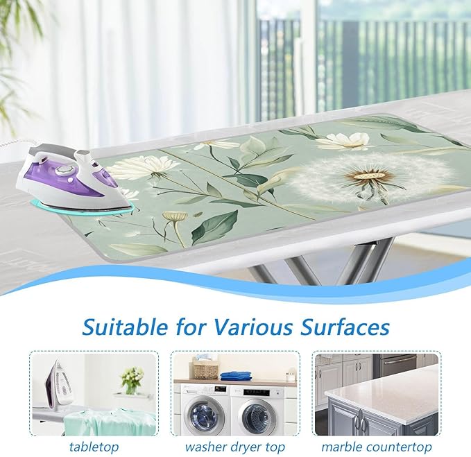 Sage Green Dandelions Ironing Mat Portable Ironing Pad Blanket with Silicone Iron Rest for Table Top Travel Heat Resistant Double-Side Using Large 47x28 Inch Foldable