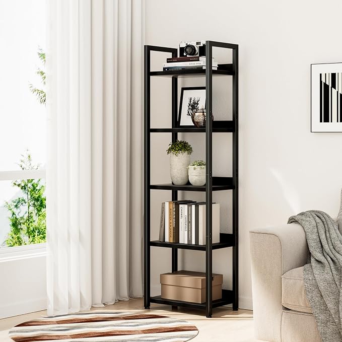 NUMENN Narrow Bookshelf, 5 Tier Bookshelves, Home Office Bookcase Shelf Storage Organizer, Free Standing Storage Shelving Unit for Bedroom, Living Room and Home Office, Black | Metal Frame & Wood Shelves, Falling Prevention Baffle, Open Storage Bookcas...