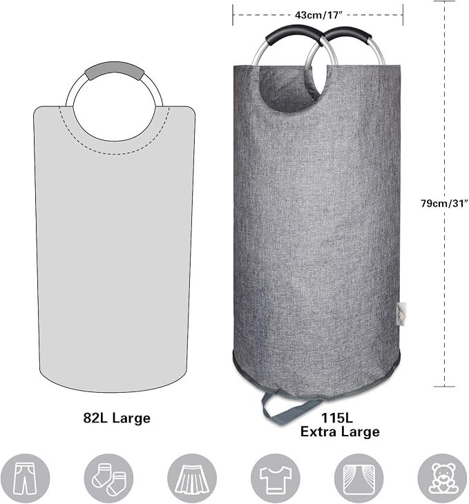 Large Laundry Basket, Laundry Hamper Bag Handles, 115L Heather Grey | Freestanding Tall Dirty Clothes Hamper, Collapsible and Portable Laundry Bin for Dorm and Bedroom, Thick Double layer Fabric
