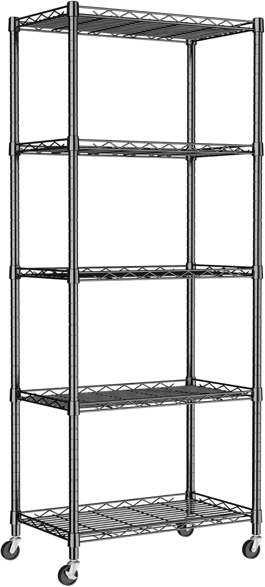 REGILLER 5-Wire Shelving Metal Storage Rack Adjustable Shelves,Standing Storage Shelf Units for Laundry Bathroom Kitchen Pantry Closet(Black,11.8" D x 21.2" W x 55" H,With Wheels)