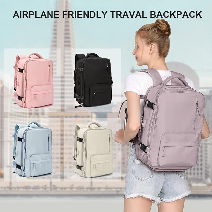 WONHOX Large Travel Backpack Women, Carry On Backpack, Hiking Backpack Waterproof Outdoor Sports Rucksack Casual Daypack with USB Charging Port Shoes Compartment, Lotus Pink