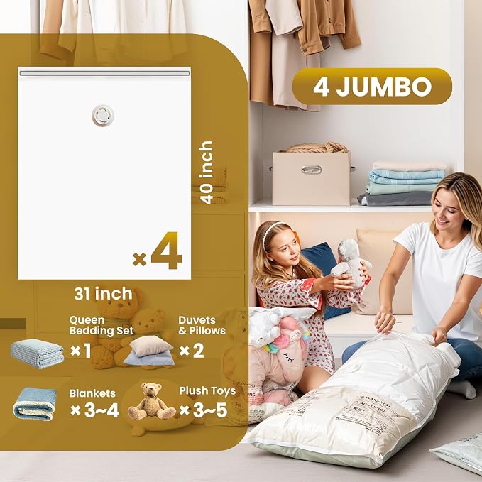 TAILI 4 Pack Vacuum Storage Bags, Jumbo Size (31×40 inch), Vacuum Seal Bag for Clothing, Bulky Bedding, Comforter, Blankets, Pillows, Space Saver Packing