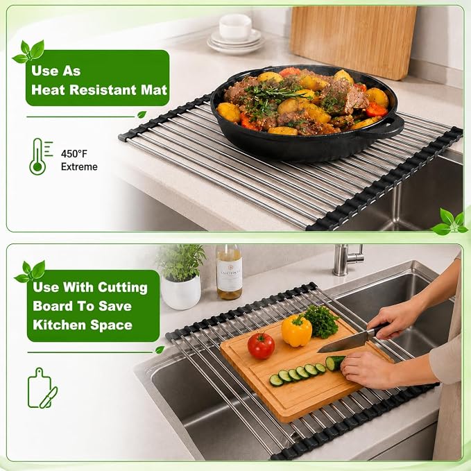 CHIRISEN Expandable Roll Up Dish Drying Rack Over the Sink Drying Rack for Kitchen Counter, Large Stainless Steel Dish Drainer Over Sink Dish Drying Rack Foldable, Collapsible, 21.14''x12'', 18Tube