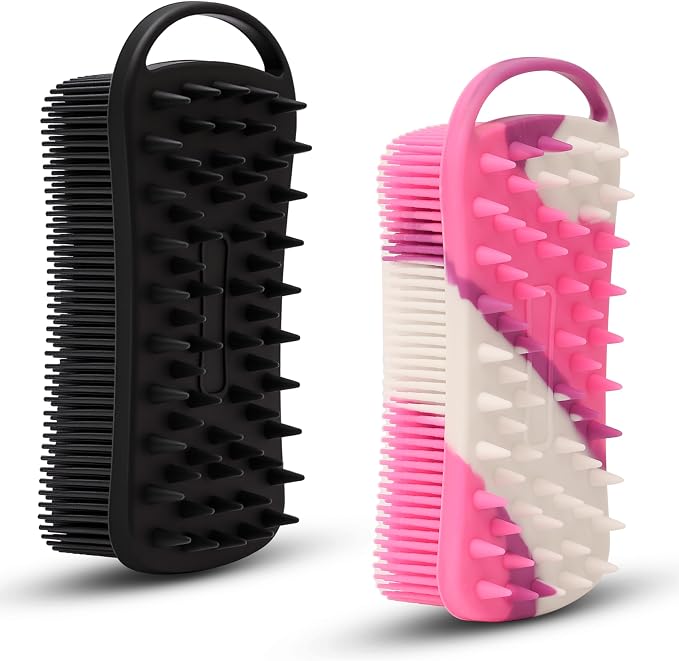 MtBoi 2 PC Silicone Body Scrubber, 2 in 1 Exfoliating Shower Bath Scrubber, Soft Silicone Loofah for Sensitive Skin, Shower Hair Scalp Massager, Easy to Clean, Lather Well (Black&Purple)