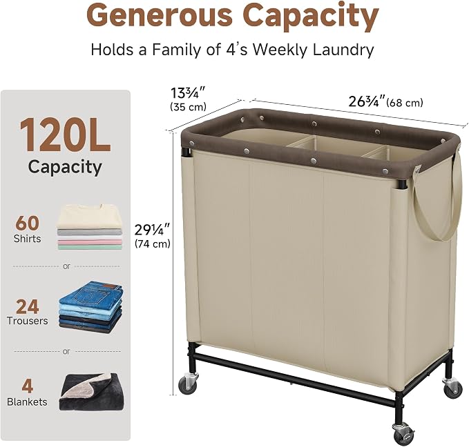 StorageWorks 3 Section Laundry Hamper, 120L Tan Sorter Cart with Wheels