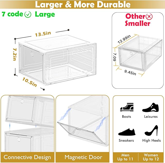7 code Large Clear Shoe Boxes Organizer【Thicker Material】 Stronger Shoe Box with Magnetic Door, Stackable Shoe Storage Box for Closet, Foldable Space-Saving Storage Bins Shoe Cabinet, White 9 Pack | Foldable Shoe Storage Boxes for Sneakers & Boots, Spa...