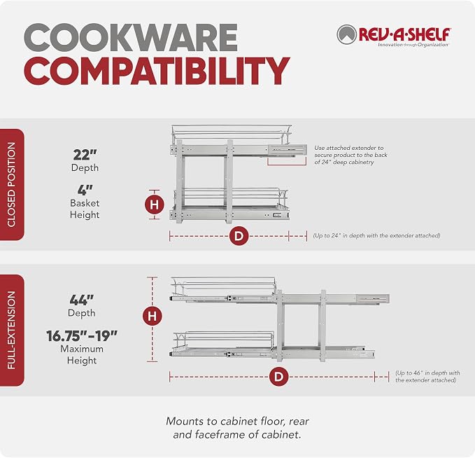 Rev-A-Shelf 2-Tier Pullout Shelf and Drawer Organizer for Kitchen Cabinets, Slide Out Storage Basket, Min Opening Width of 20.5", 21" x 22", 5WB2-2122CR-1