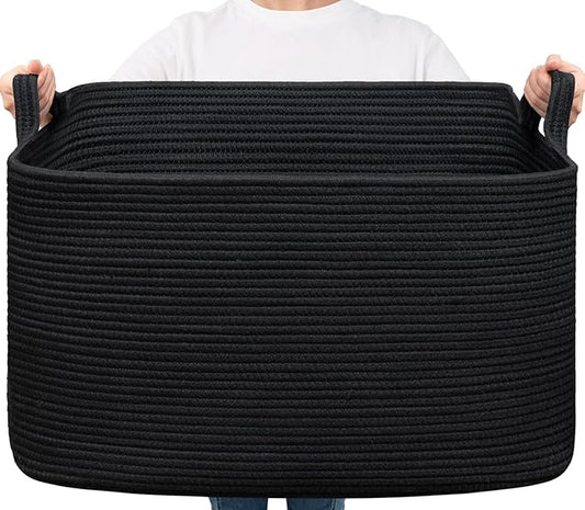 Goodpick Extra Large Storage Basket, 23.6" x 15.7" x 13.8" Rectangle Cotton Rope Basket for Blankets, Pillows, Toys, Woven Dirty Clothes Baskets for Laundry, Black