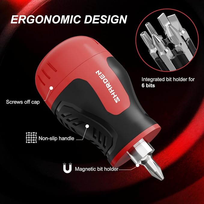8 in 1 Multi-bit Stubby Screwdriver, Small Short Screw Driver Tool | 6 CRV Bits Phillips, Slotted, Torx, Magnetic Tip Portable All in One Repair Tool Kit for Home DIY Tables, Doors, Chairs